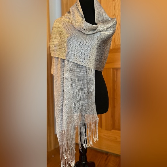 Metallic Silver Scarf Glam Holiday Going Out Gift Fringe Classy Dazzling Chic - Picture 8 of 17